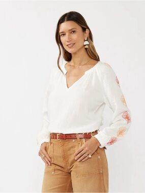 lovestitch White Gauze V-Neck Blouse with Orange Sleeve Embroidery